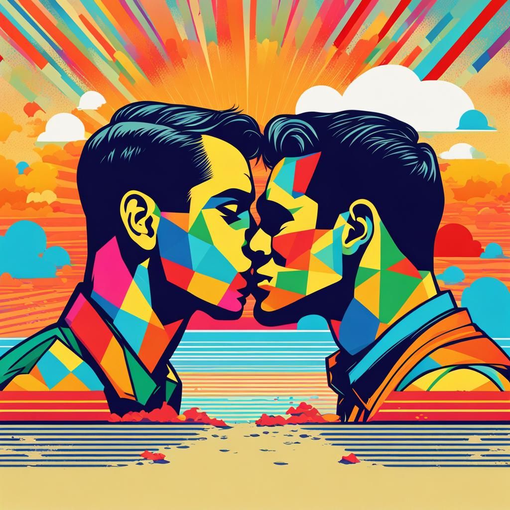 Gay Men Kissing on Beach in Pop Art Style
