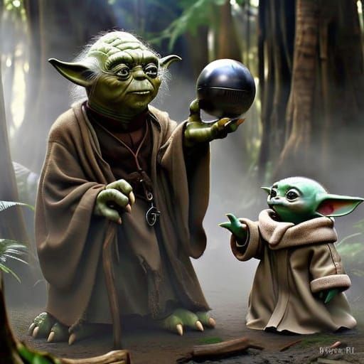 Yoda and Baby Yoda Lift a Rock Together in a Hyperreal Textu...