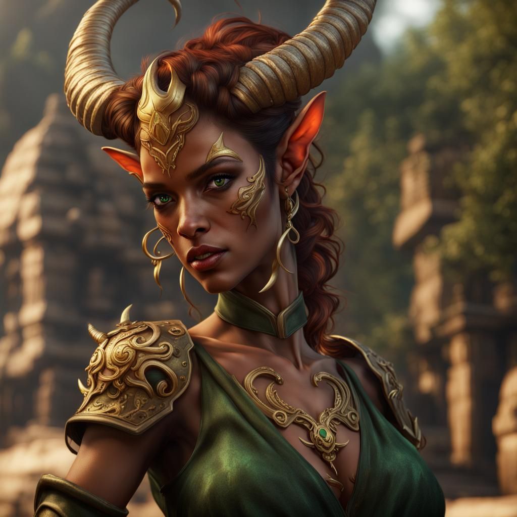 Golden-Skinned Tiefling Bartender in Detailed Fantasy Art