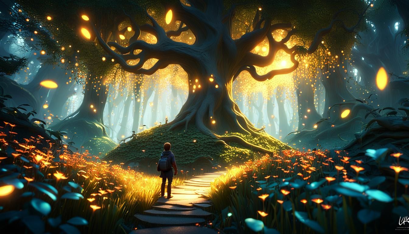 Enchanted Forest Entrance with Boy and Fairy
