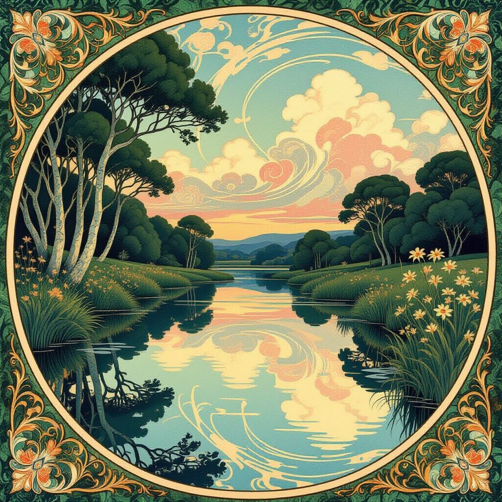 Art Nouveau Landscape: Ethereal Rivers and Jeweled Nature