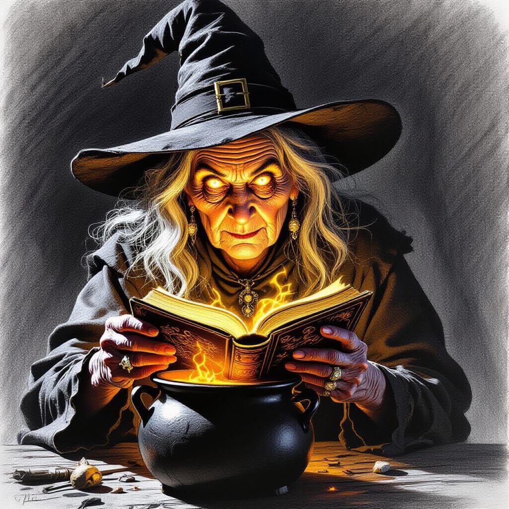 Surreal Halloween Witch Spellbook Drawing in Caravaggio Styl...