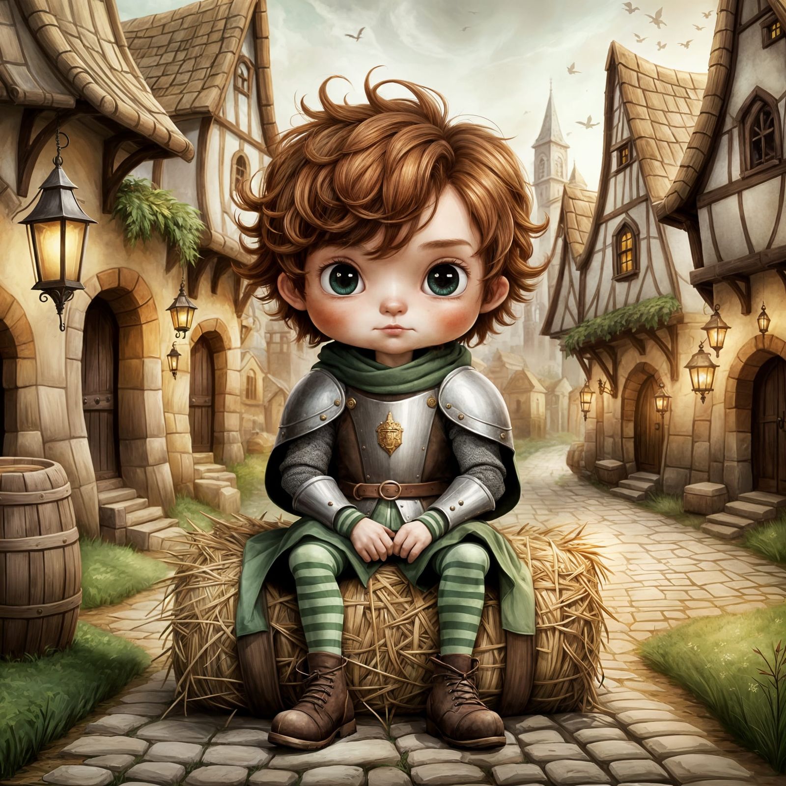Boy Knight in Medieval Village, Digital Illustration