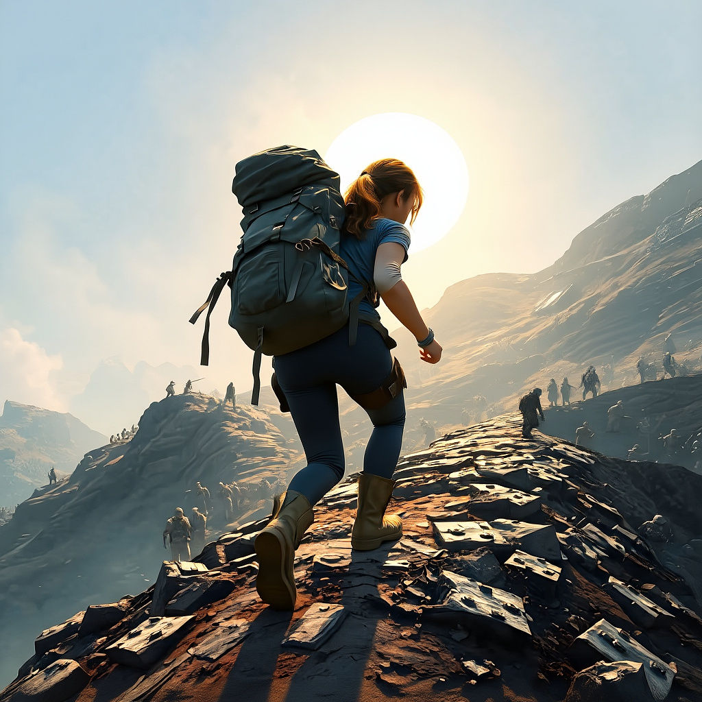 Woman Climbing Hill Towards Light: Epic Digital Painting