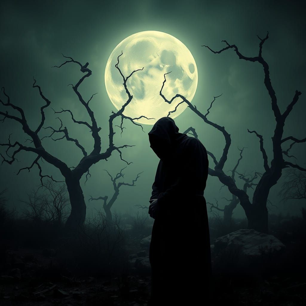 Gothic Hooded Figure in a Desolate Moonlit Landscape