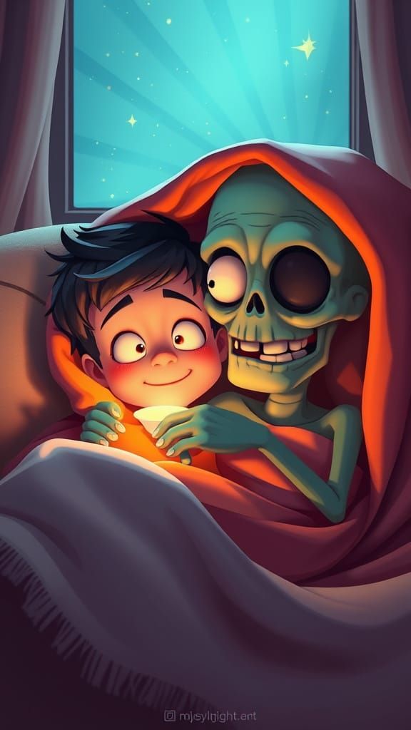 Boy and Zombie Reading, Cartoon 3D Digital Art
