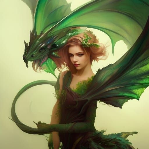 Fairy with Green Dragon by Artgerm and Mucha