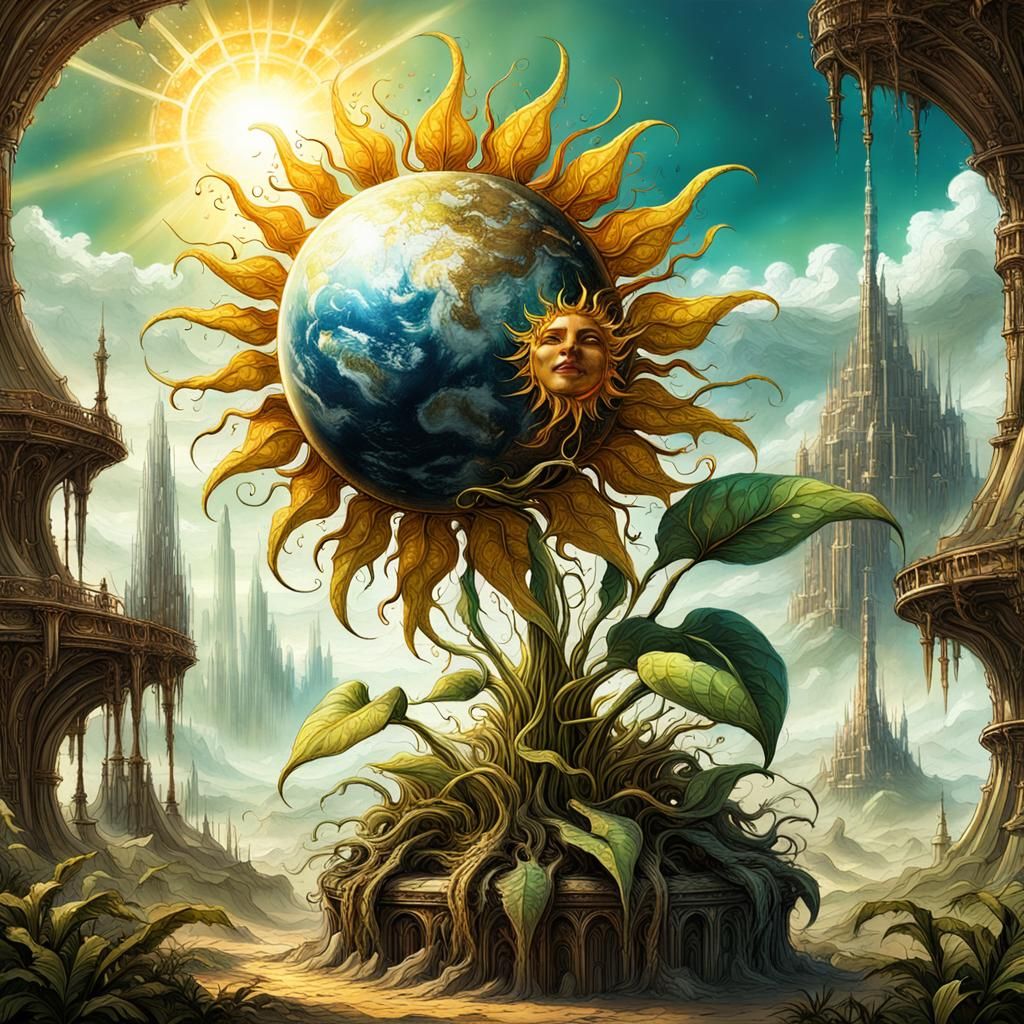 Fantasy Sun Plant Gazing at Earth in Vivid Oil and Ink Illus...