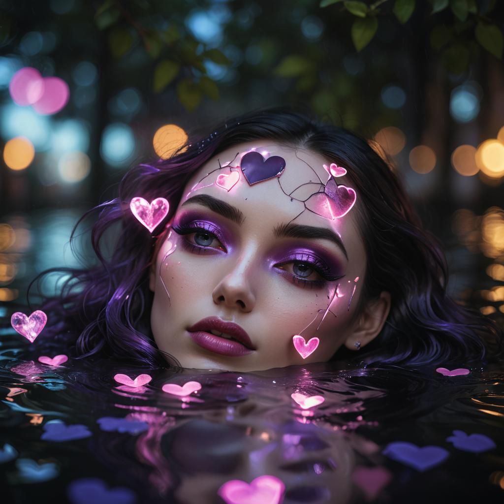Hyper-Realistic Portrait: Woman with Glowing Hearts and Eyes