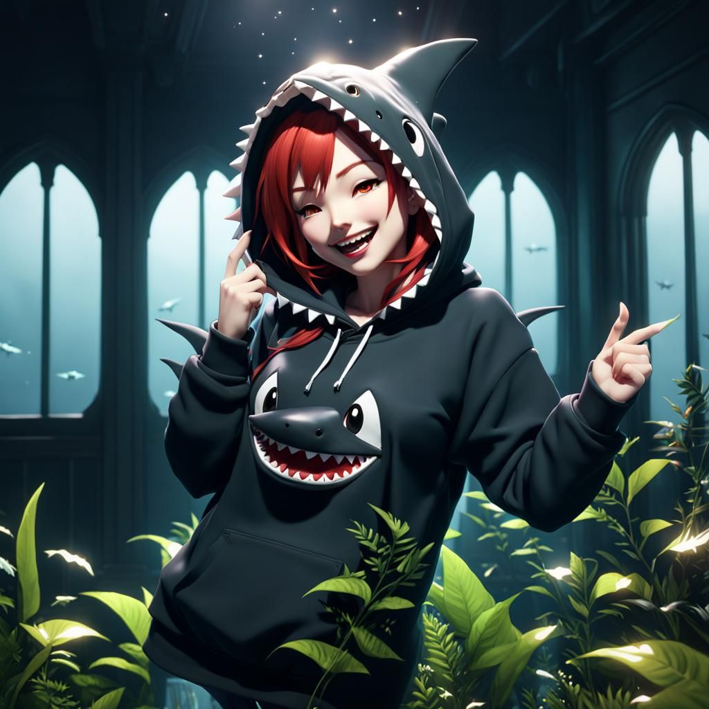 Anime Redhead in Shark Hoodie, 3D Animation