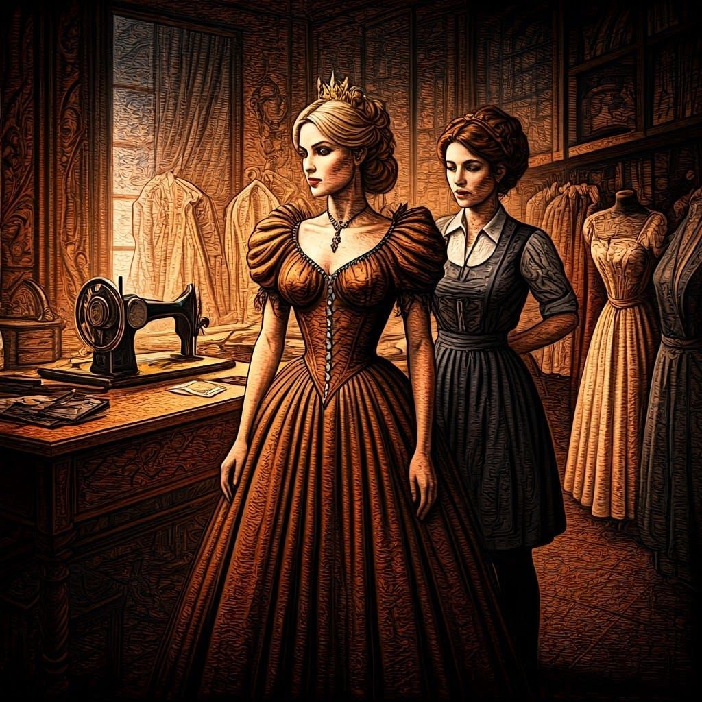 Arrogant Princess at the Seamstress: Oil Painting