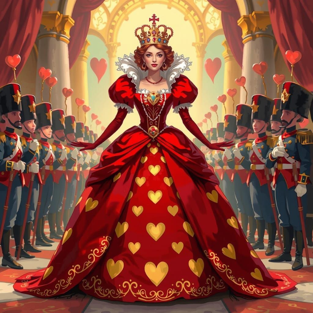 Regal Queen of Hearts in Storybook Style with Card Soldiers