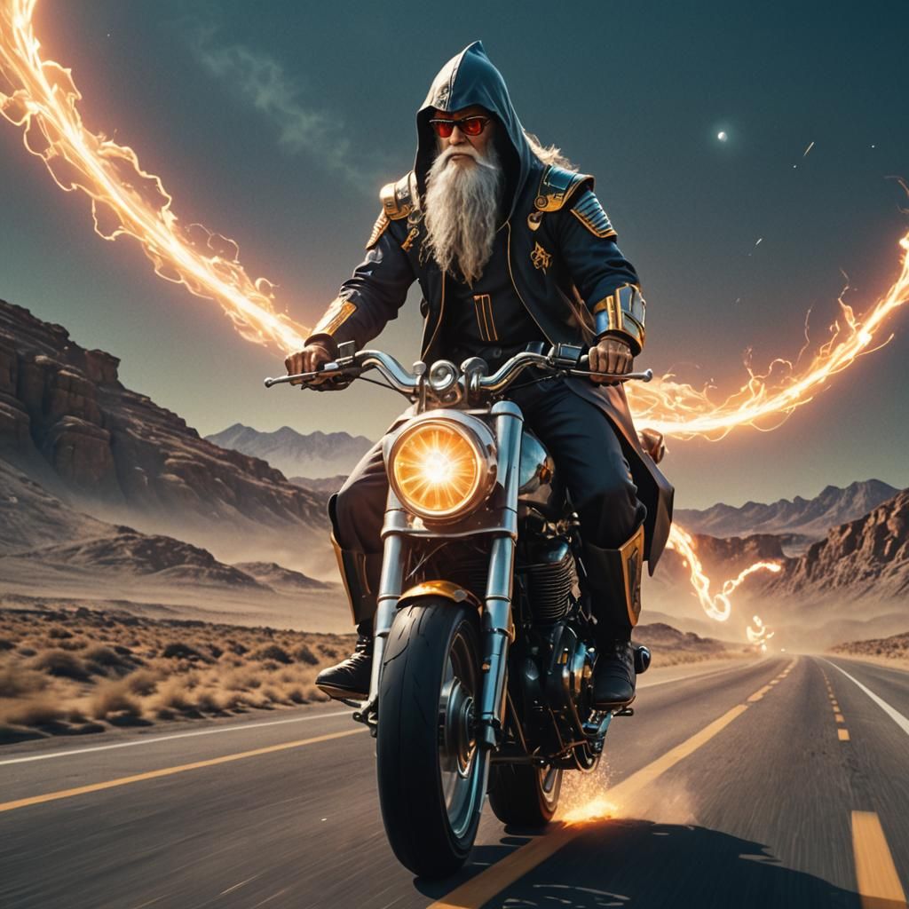 Wizard on Motorcycle in Cel-Shaded Anime Style