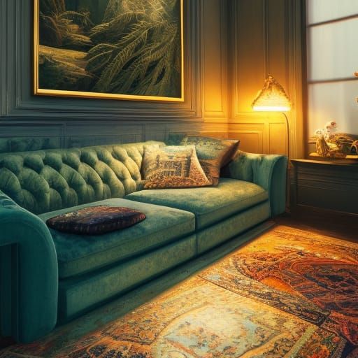 Lizard Couch in Cozy Library, Detailed Digital Art