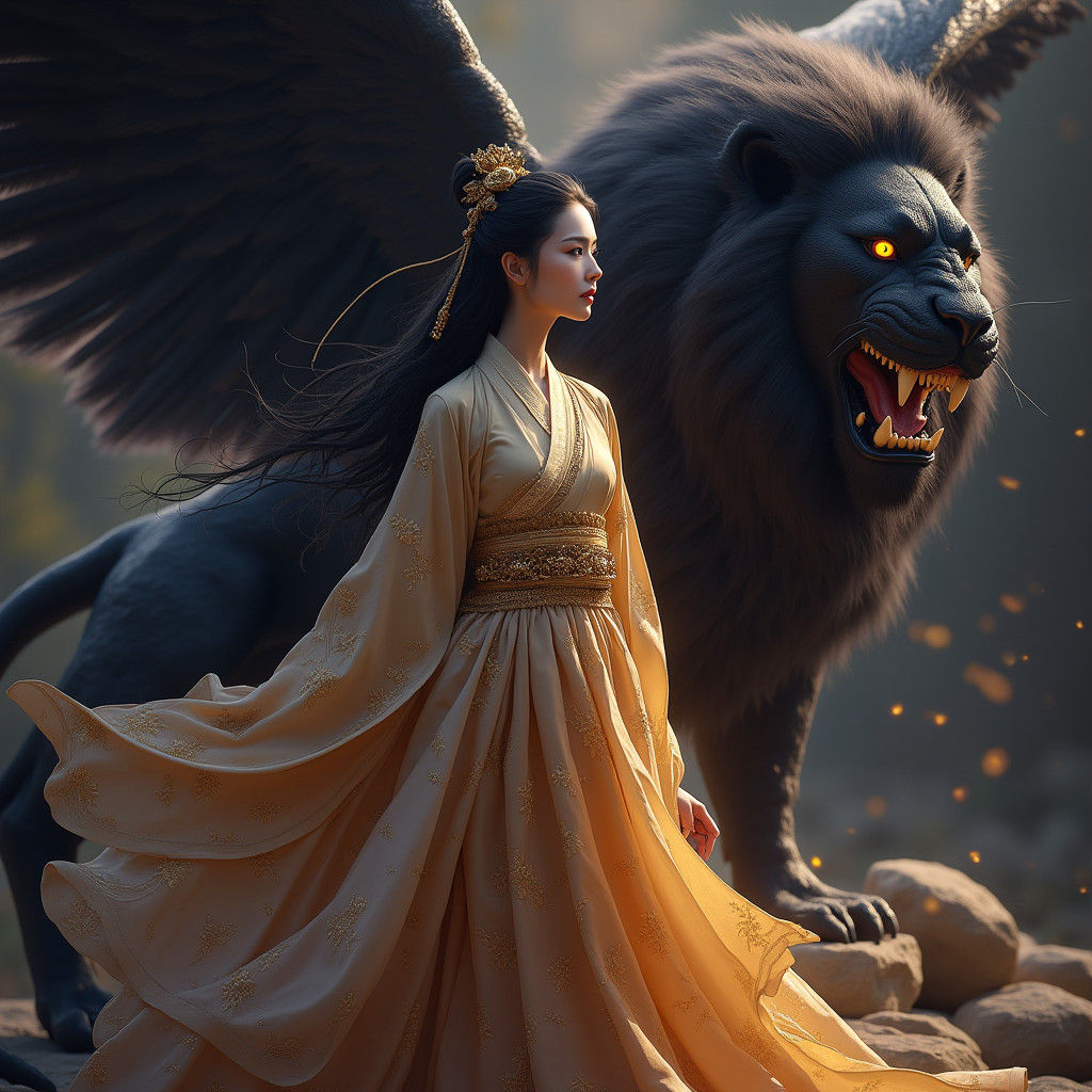 Korean Woman and Winged Lion in Dark Fantasy Style