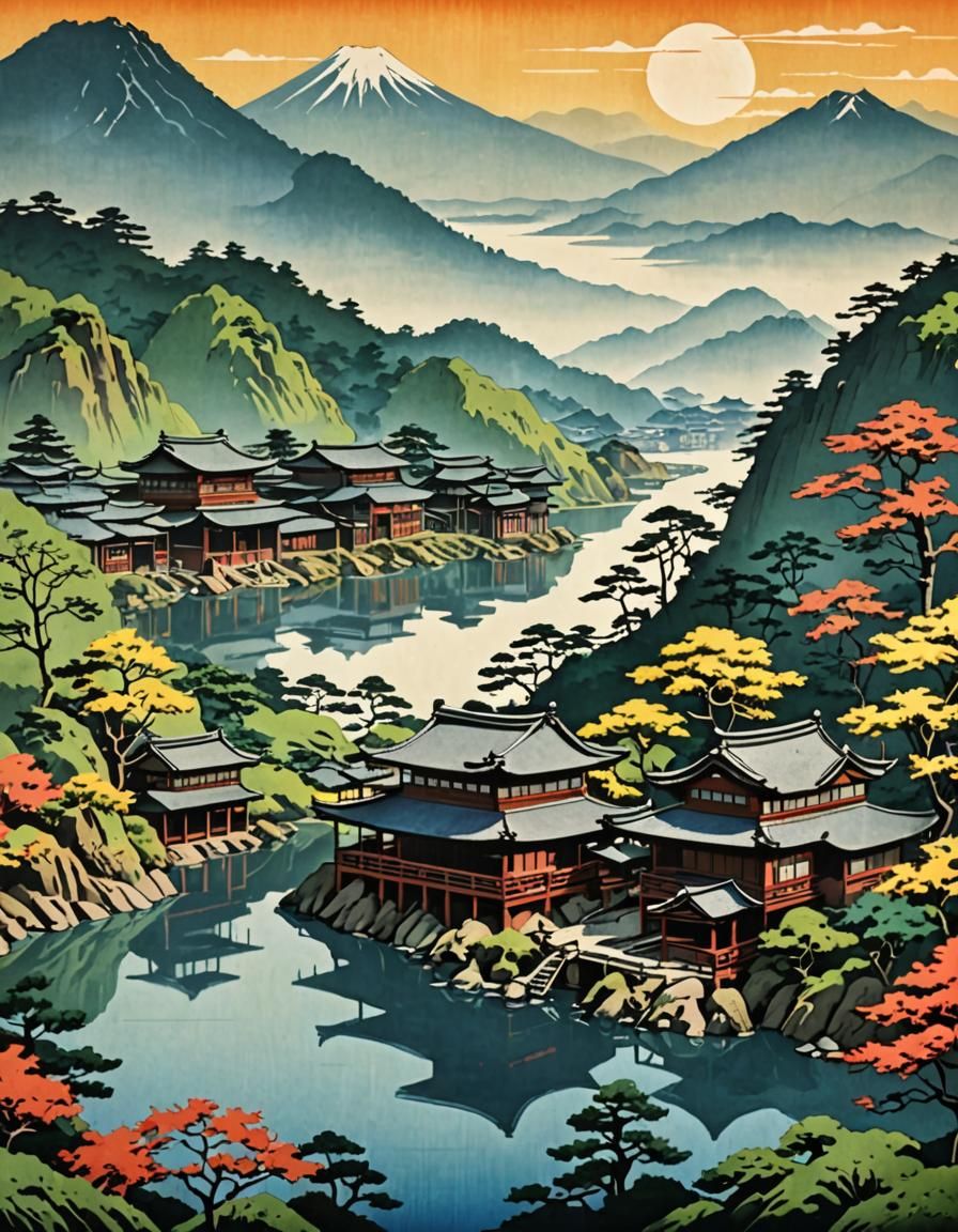 Abstract Japanese Landscape with Lake and Hills