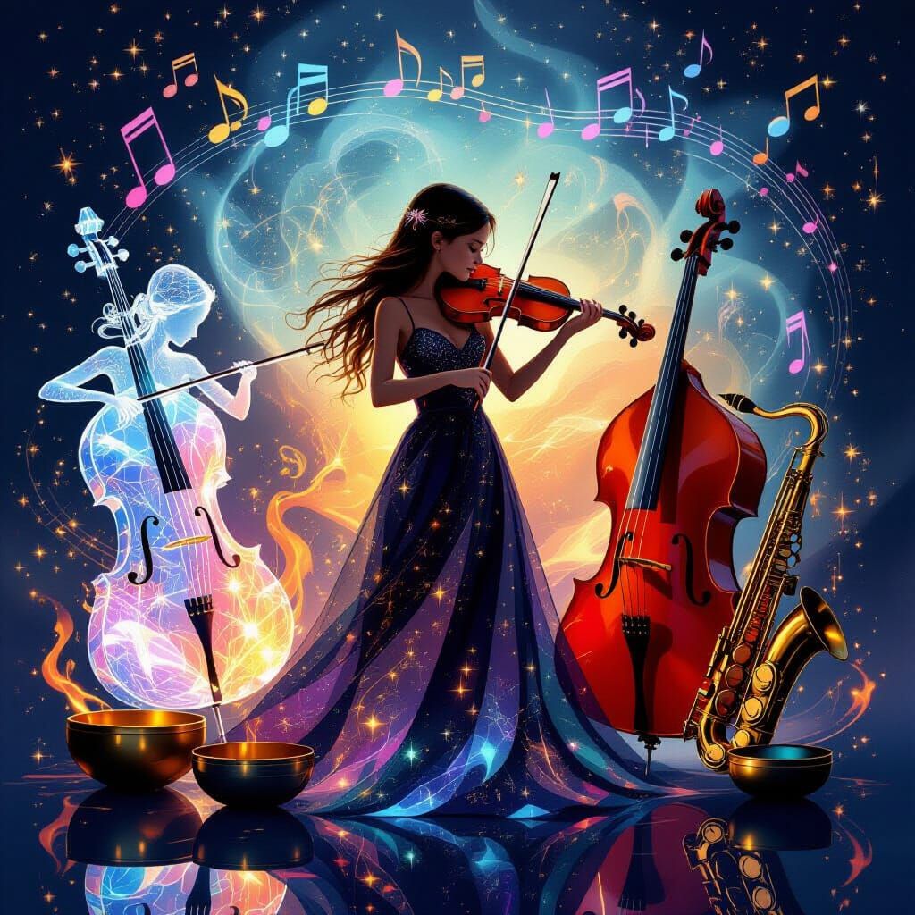 Cosmic Astral Illustration of Musical Instruments and Girl