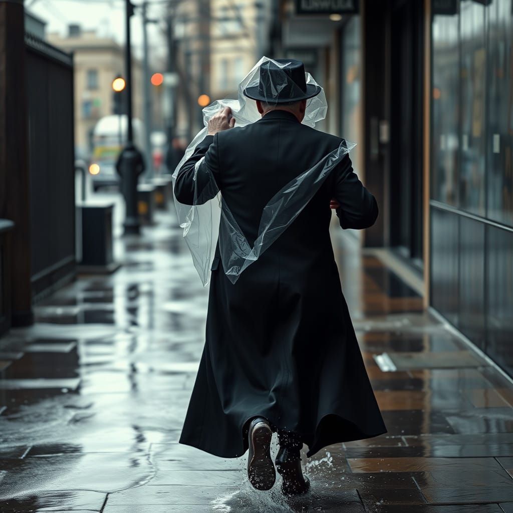 Orthodox Jewish Man Runs in the Rain with a Plastic Bag on H...