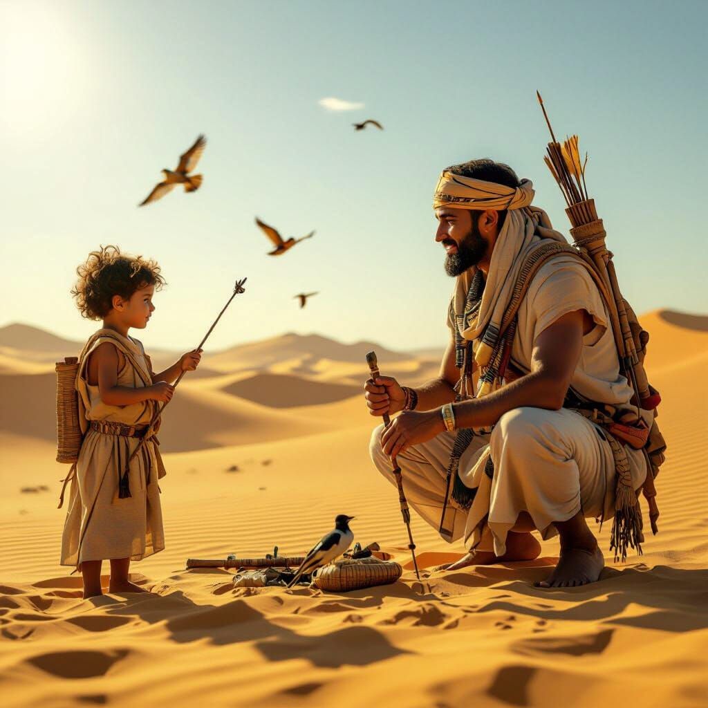 Father Teaches Son Bird Hunting in Ancient Egyptian Desert