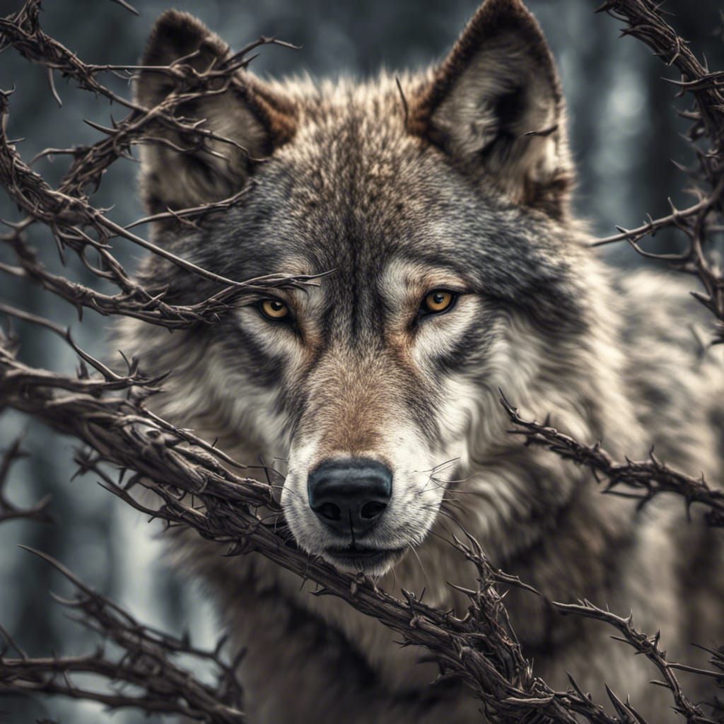 Hyperrealistic Wolf Playing in Thorns: Sharp Focus