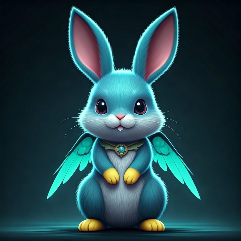 Cute Blue Rabbit with Wings in Anime Style
