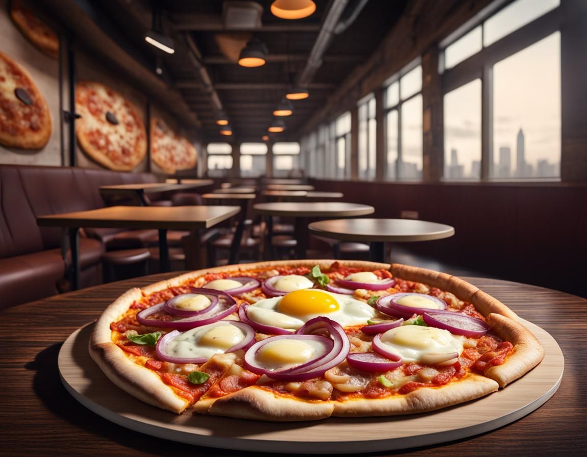 Gigantic Pizza Topped with Eggs and Onions