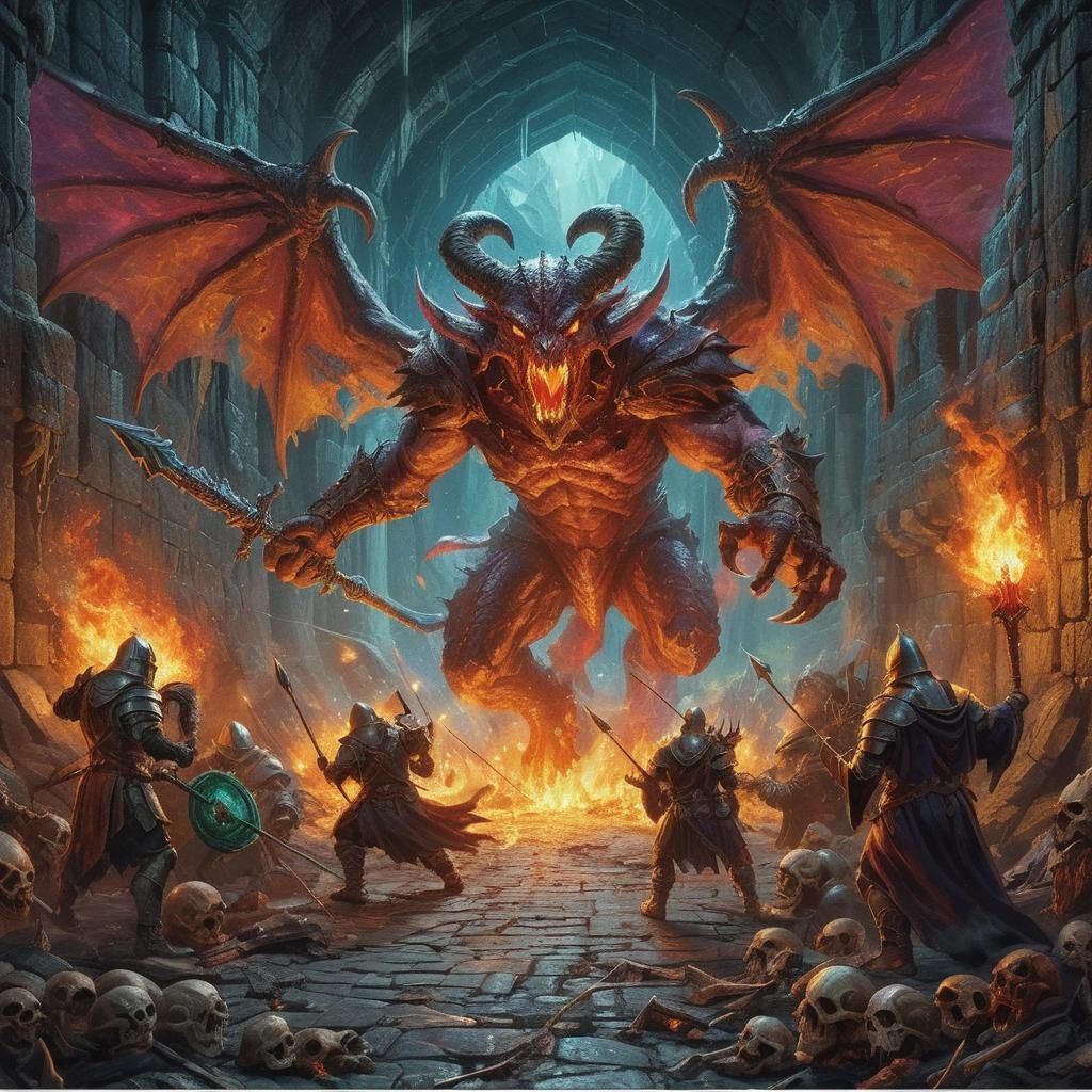 Demonic Balrog Confronts Armored Travelers in Stone Dungeon