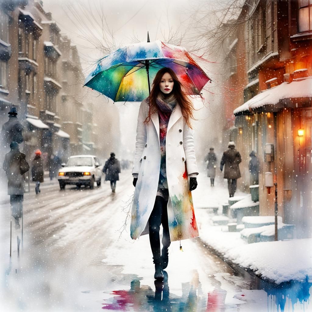 Lady with Christmas Tree Umbrella in Watercolor