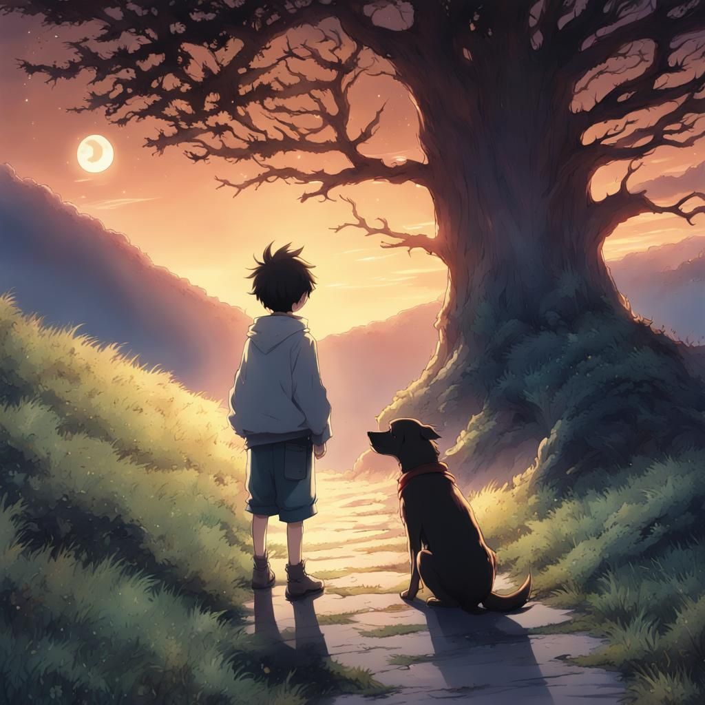 Boy and Dog on Moonlit Path in Anime Style