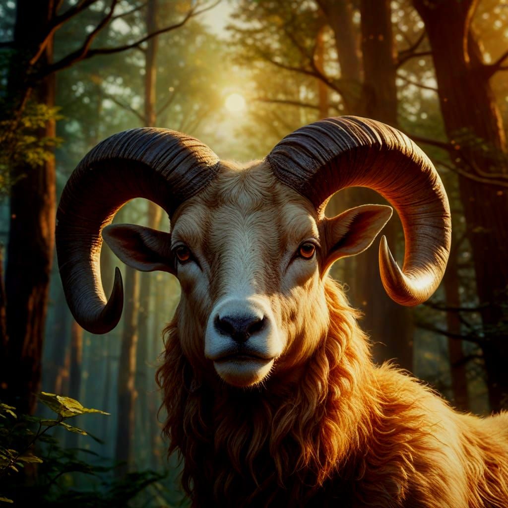 Aries Symbol in Mystical Forest Oil Painting