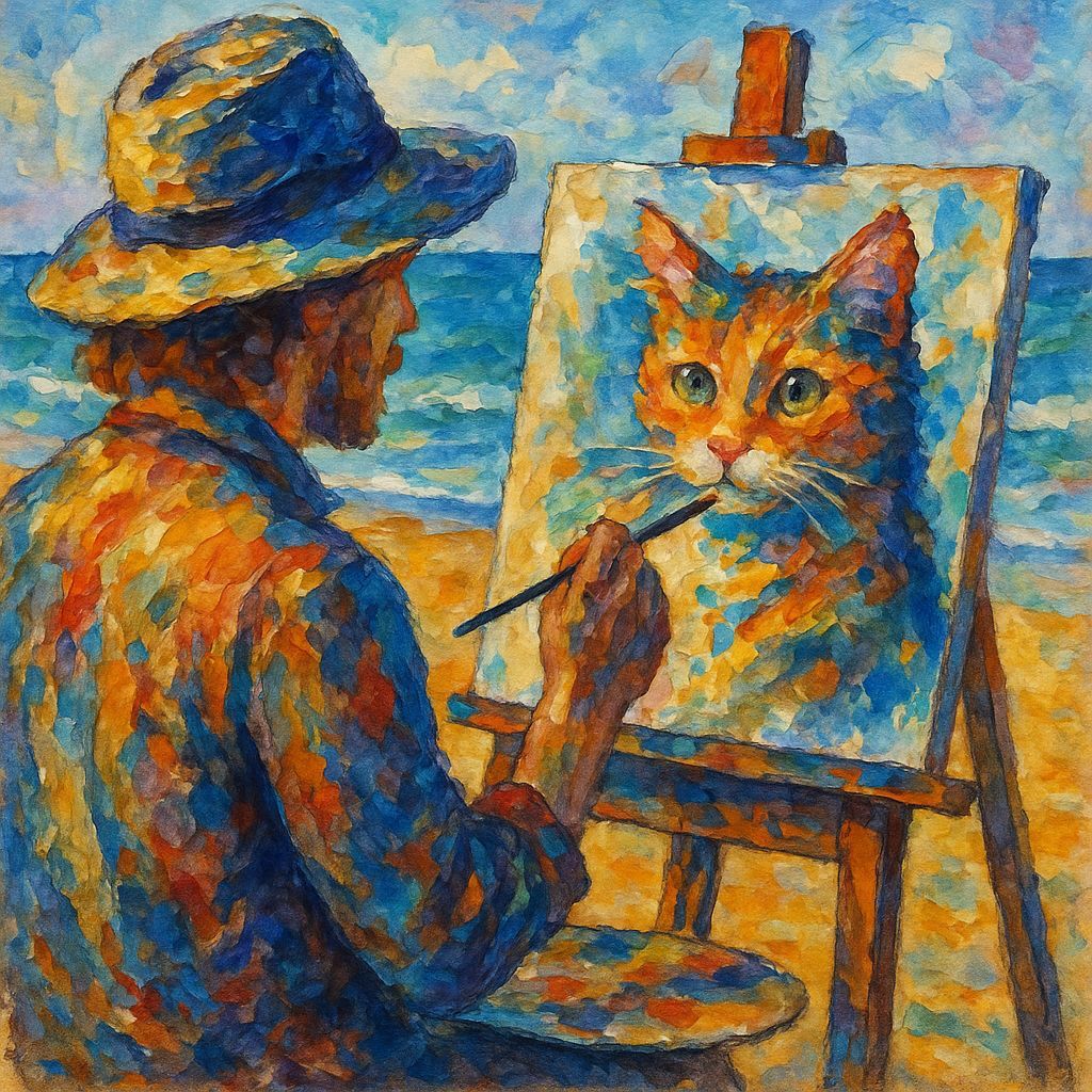 Painter Creates Watercolor Cat on Beach Canvas in Impasto St...