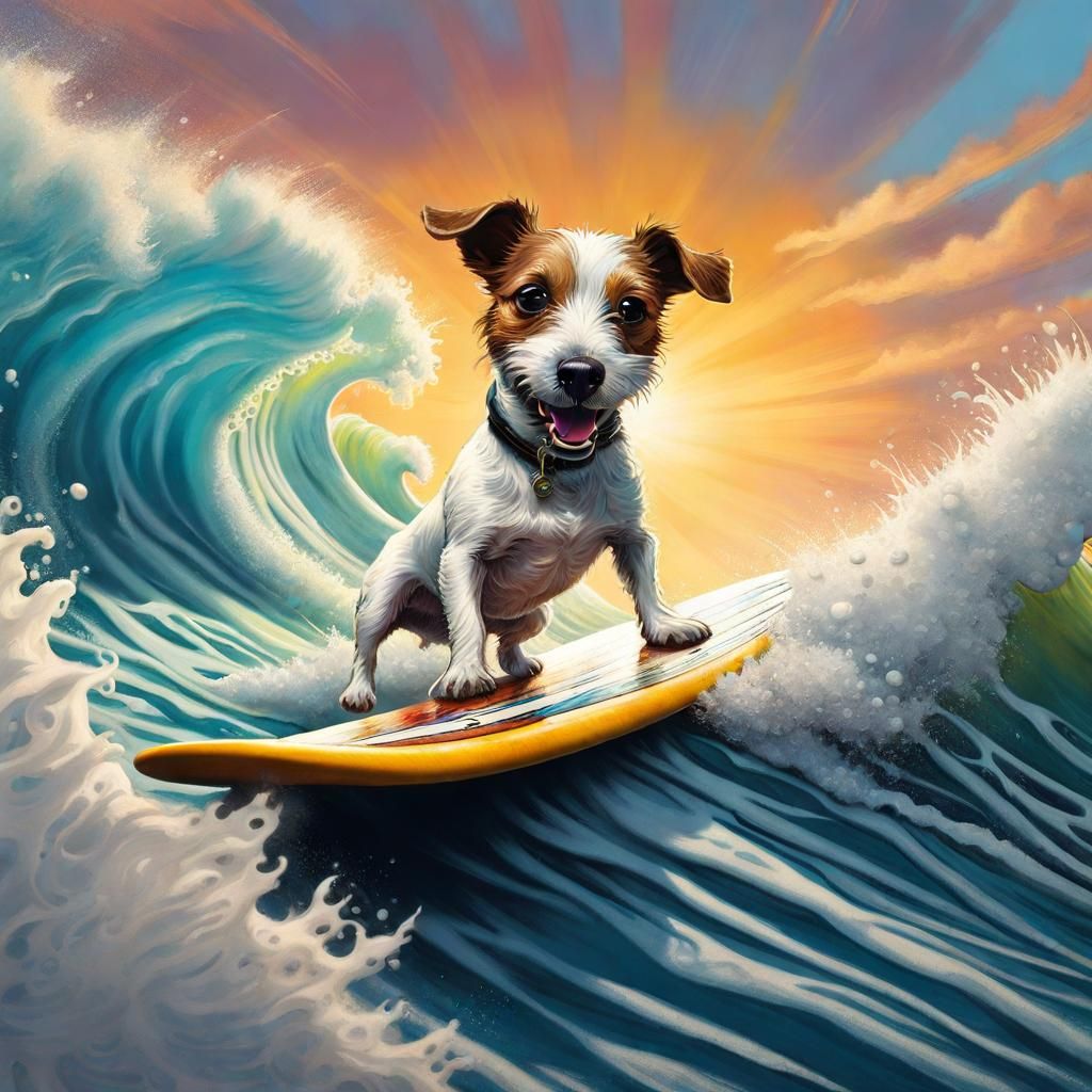 Excited Jack Russell Terrier Surfing a Wave