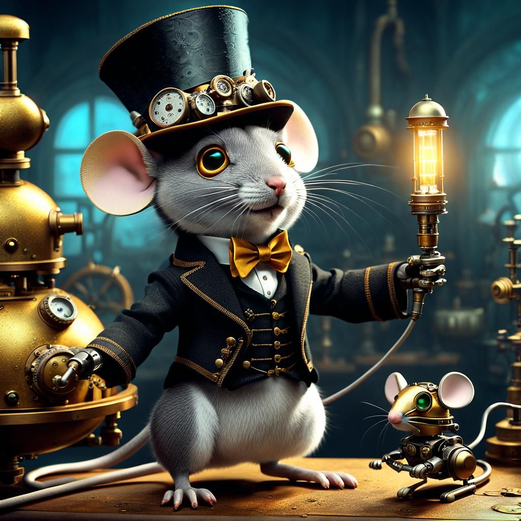 Steampunk Mouse Inventor and Robot in Laboratory