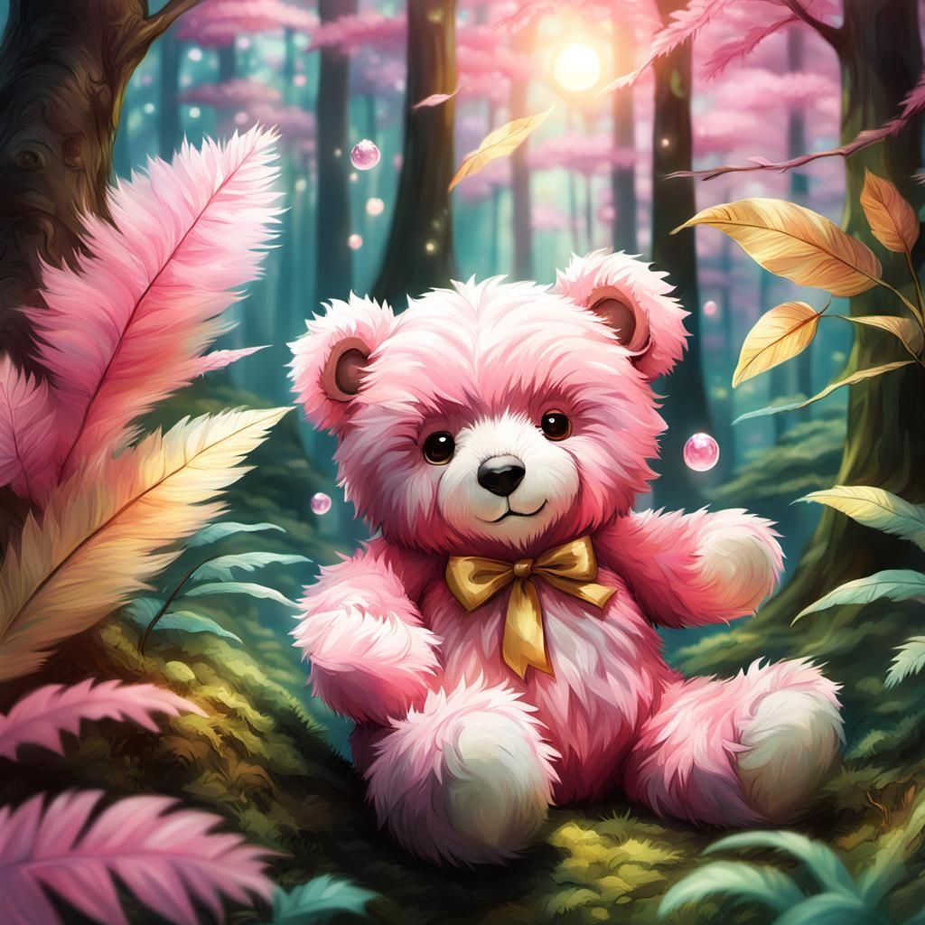 Whimsical Teddy Bear Touches Glowing Orb in Lush Fantasy For...