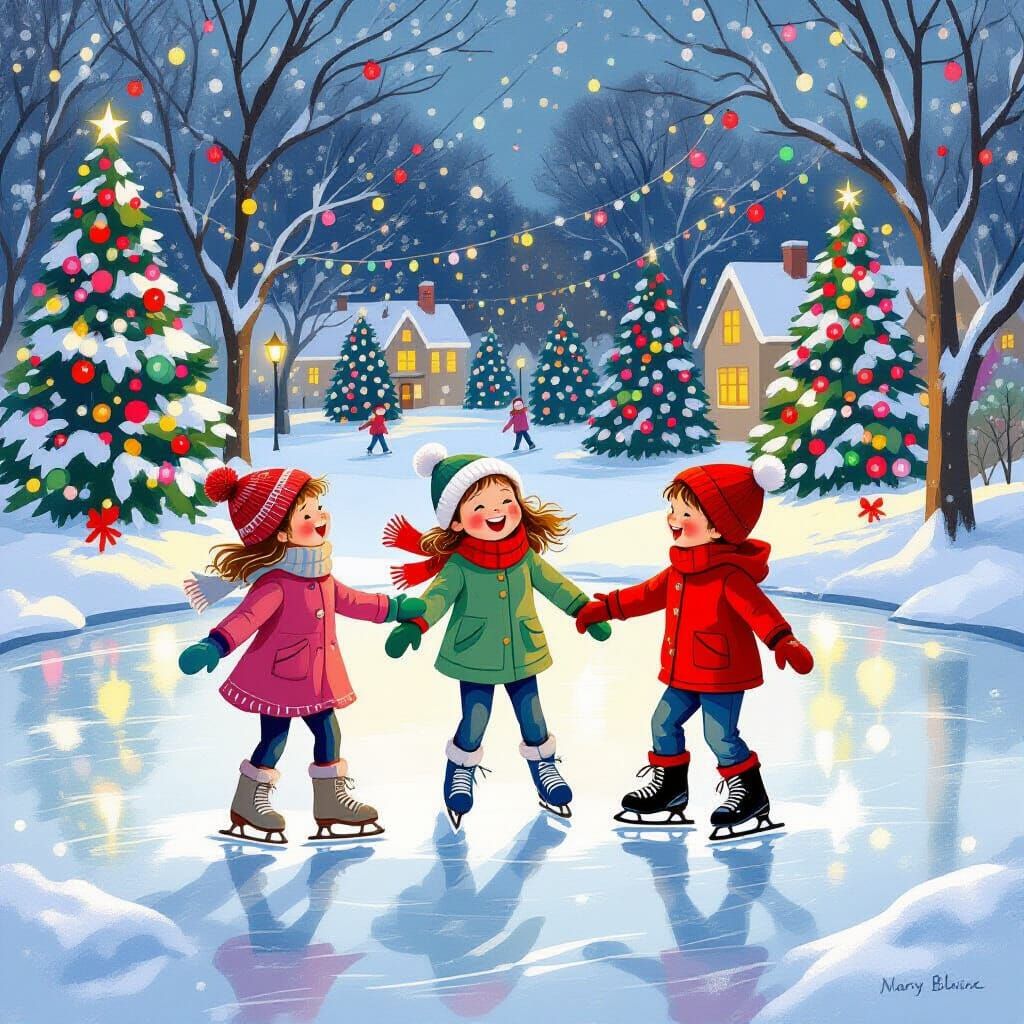 Whimsical Christmas Ice Skating Scene for Children