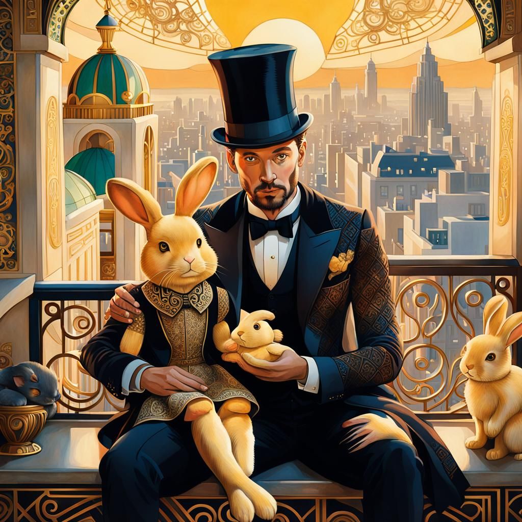 Magician and Girl on Art Deco Balcony