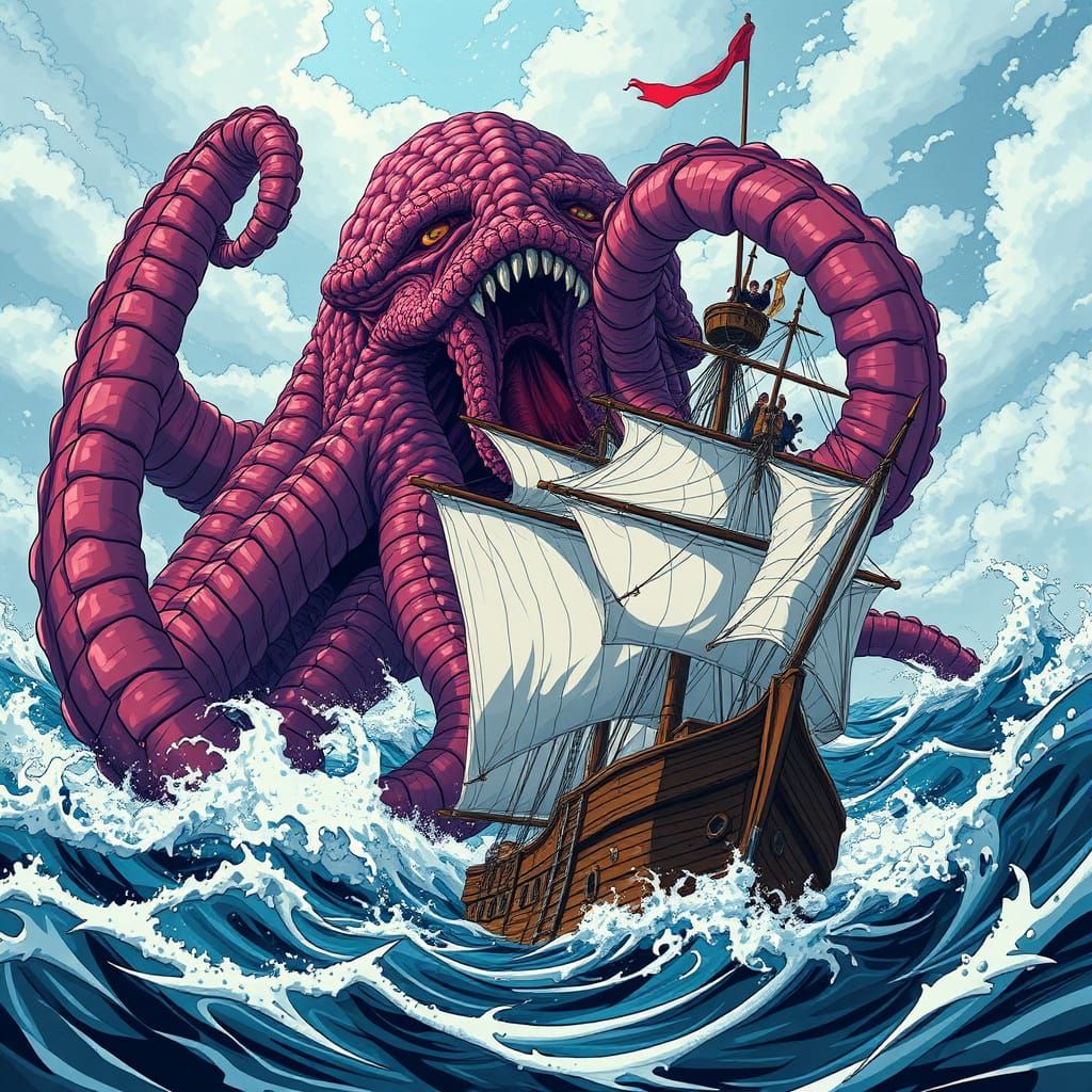 Massive Kraken Battles Historic Sailing Ship in Anime-Inspir...