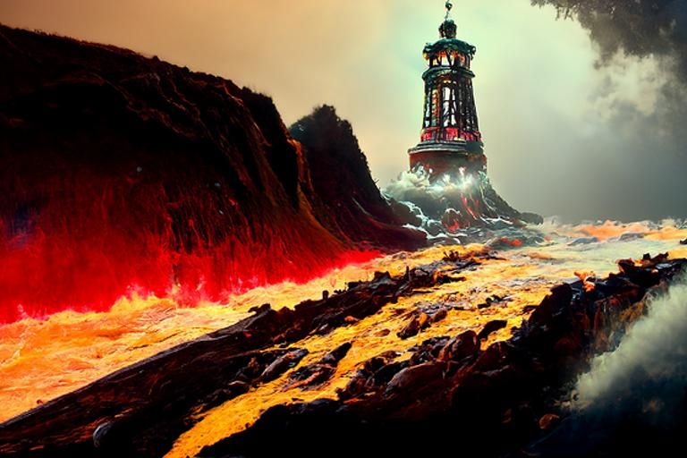 Lighthouse over Lava Ocean in Hyperrealist Style