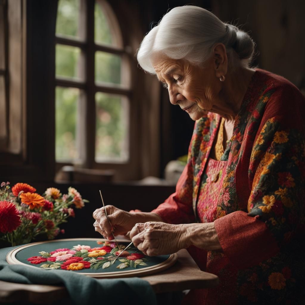 Elderly Woman's Floral Embroidery: Detailed Matte Painting