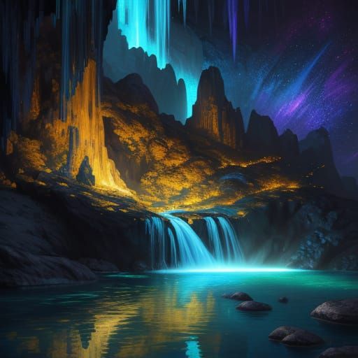 Glowing Waterfall in Cave of Crystals, Oil Painting