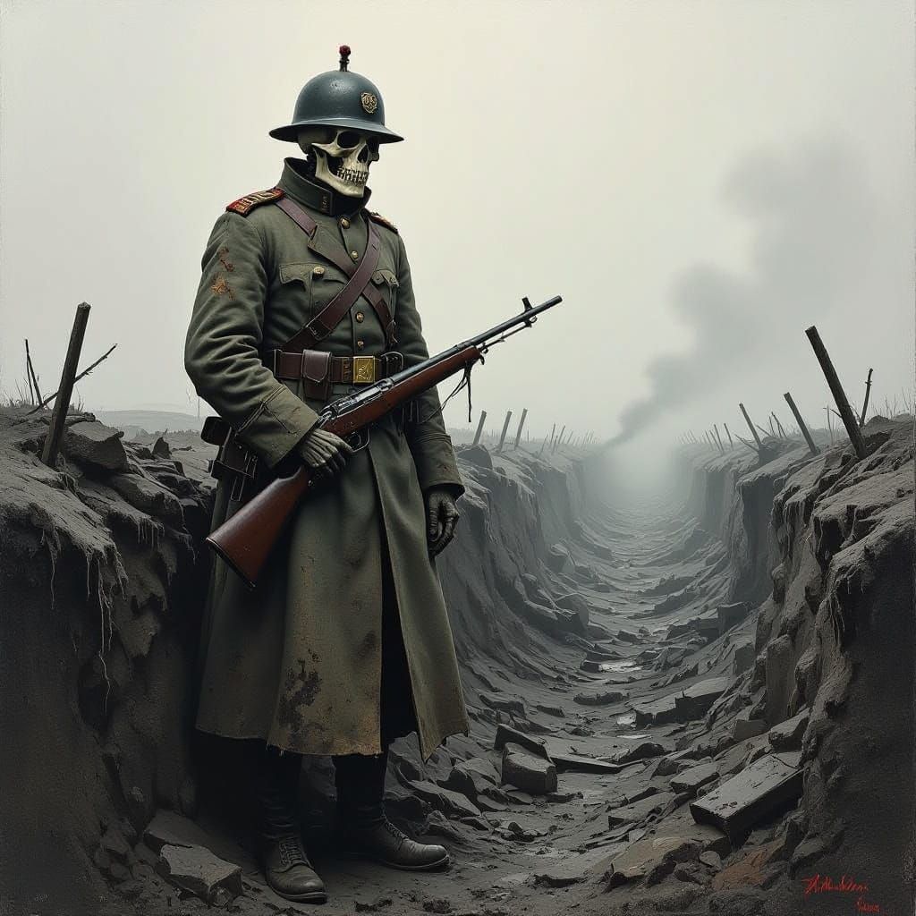 A Haunting Skeleton Soldier in WW1 Trenches