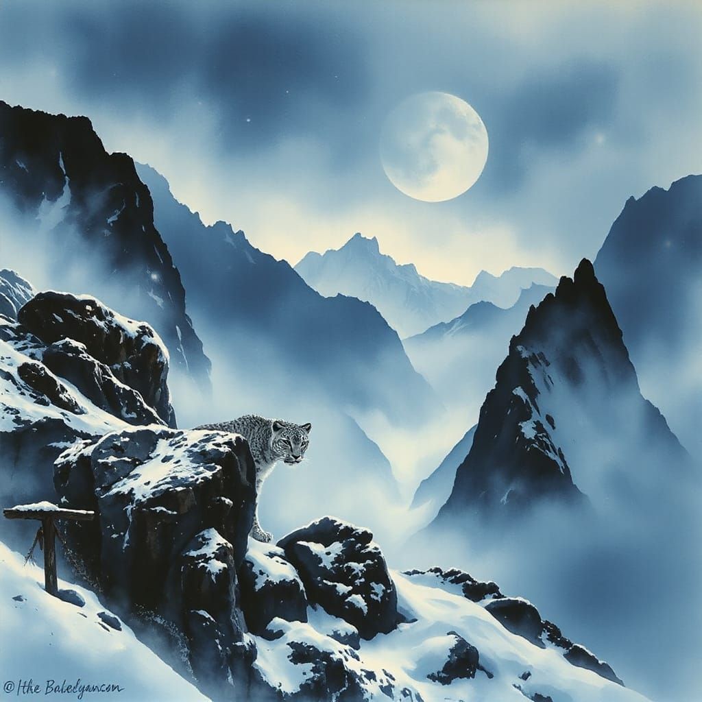 Snow Leopard in Himalayan Pass, Sumi Ink Style