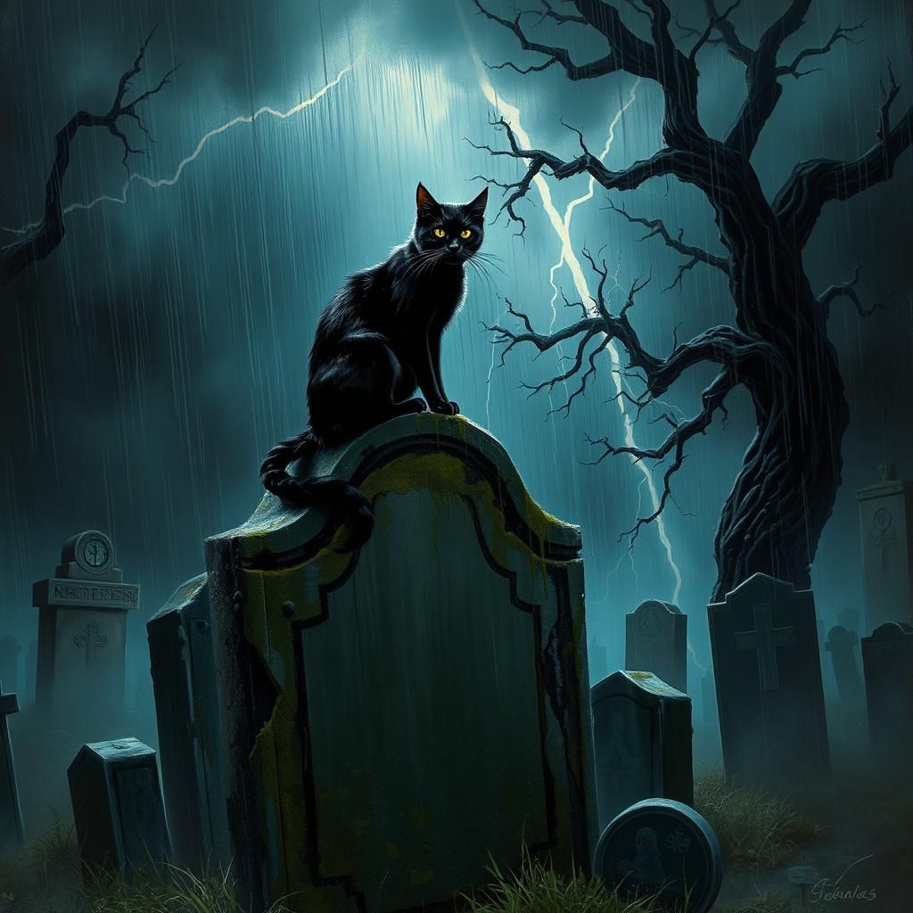 Black Cat in Cemetery During Rainstorm