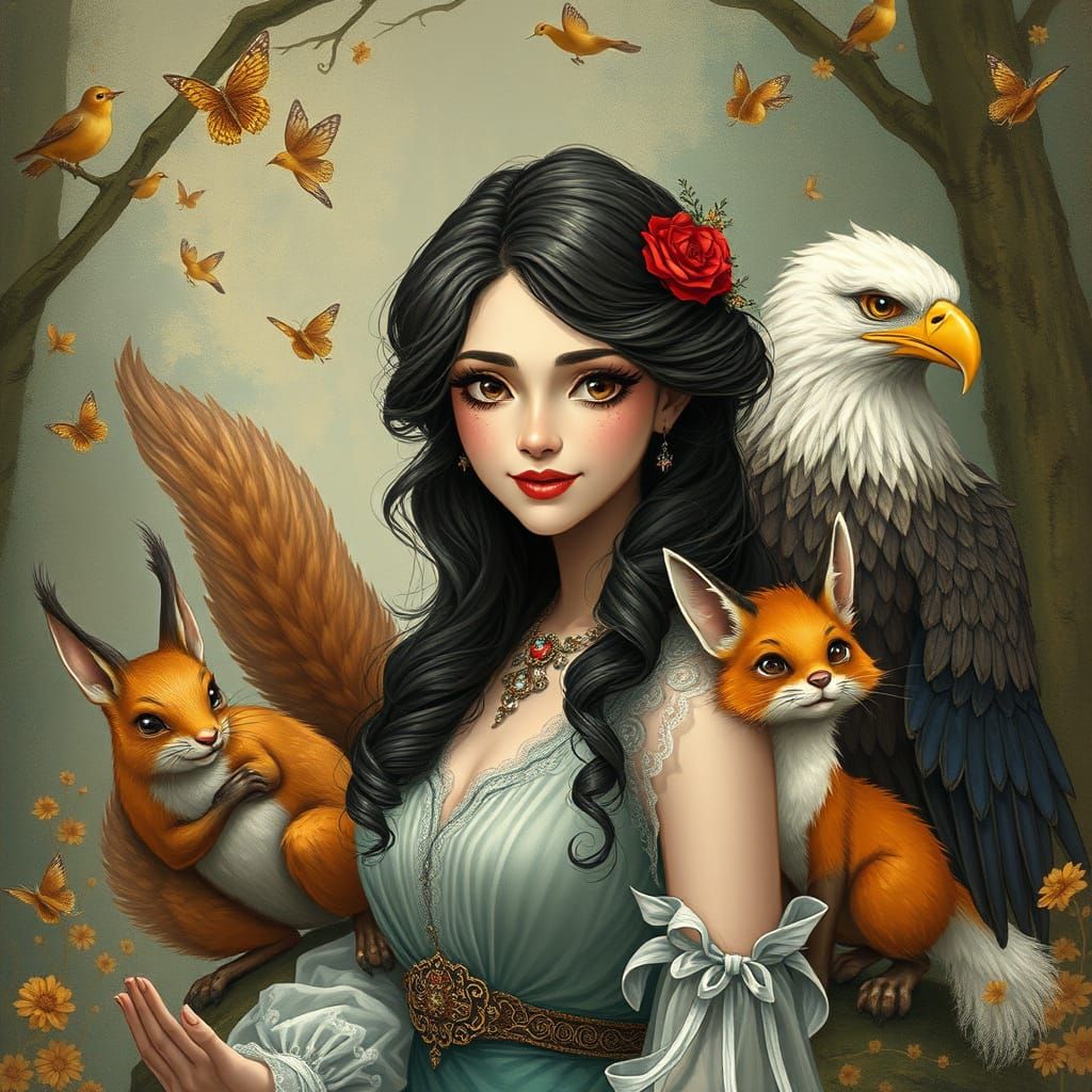 Elegant Woman Amidst Whimsical Forest Creatures in Dreamlike...