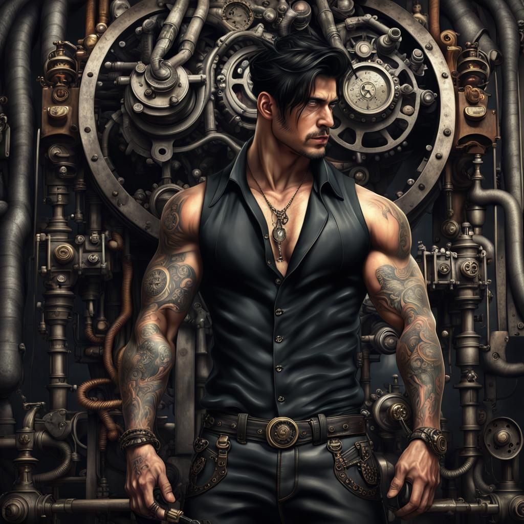 Steampunk Man with Tattoos in Digital Painting
