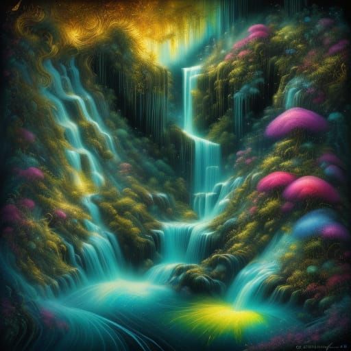 Futuristic Desert Oasis with Bioluminescent Waterfall