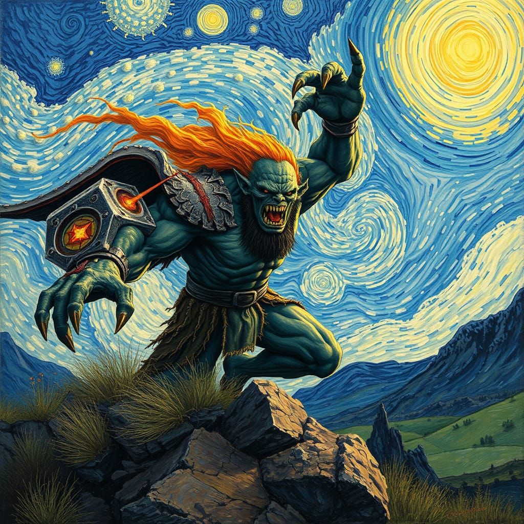 Vibrant Orc Amidst Turbulent Van Gogh Landscape