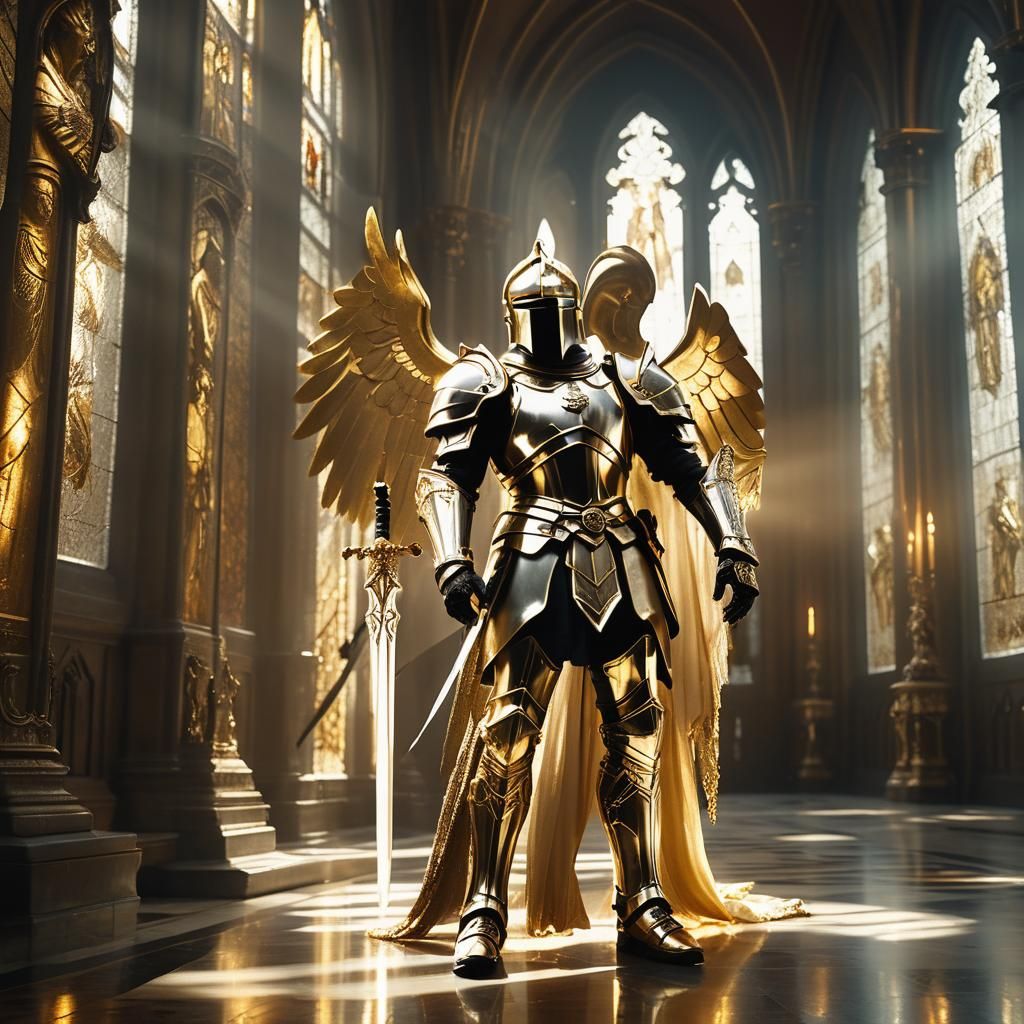 Golden Knight Angel in Grand Hallway: Cinematic Film Still