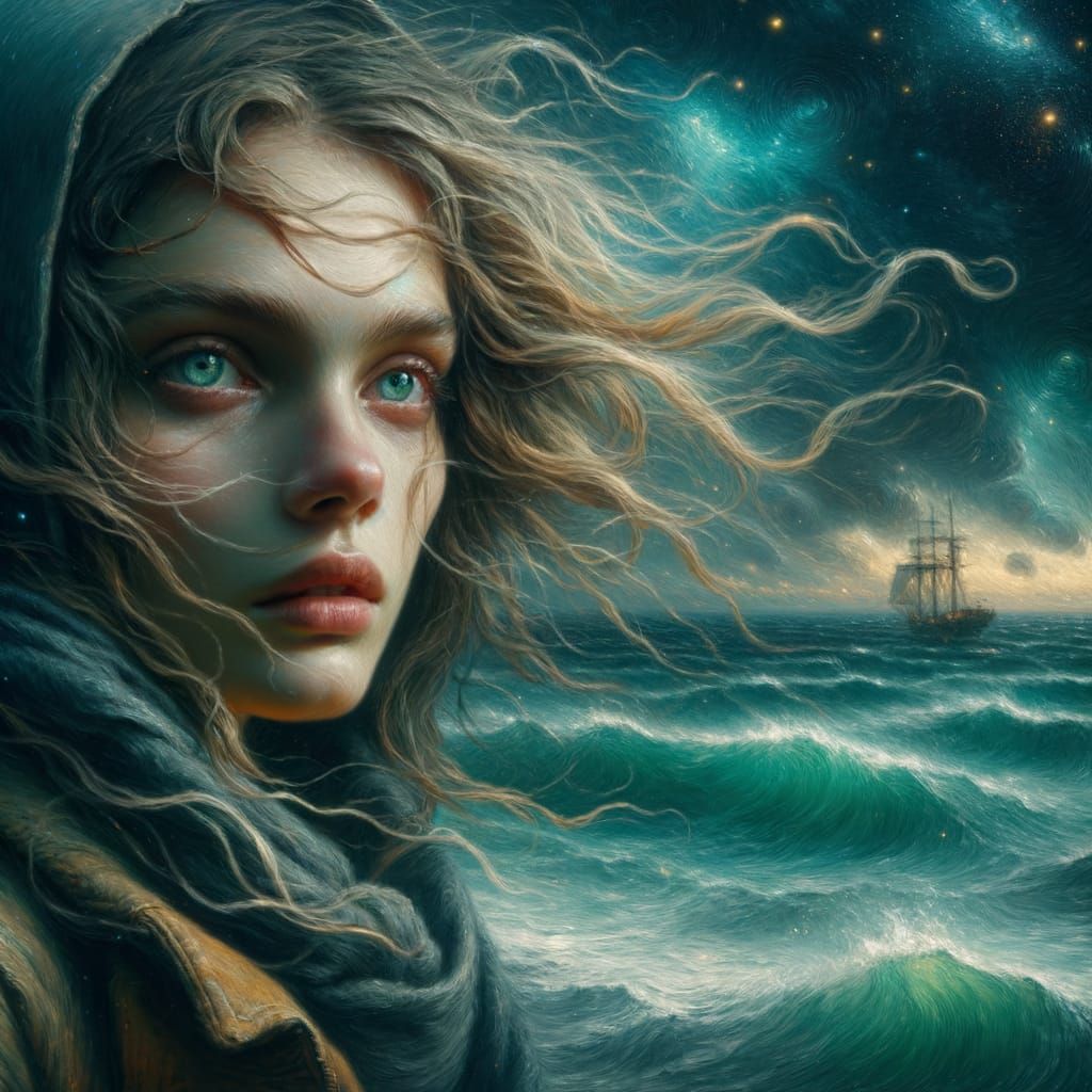 Melancholic Woman on Ship Deck in Chiaroscuro Style