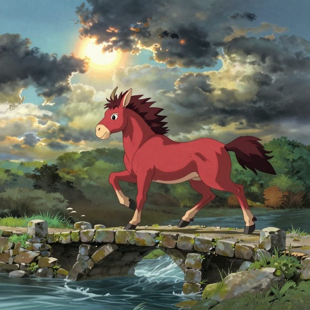 Red-Maned Centaur on Bridge Under Stormy Sky